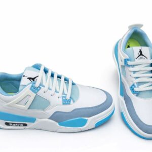 Blue and white retro style sneakers with modern design and soft cushioning.